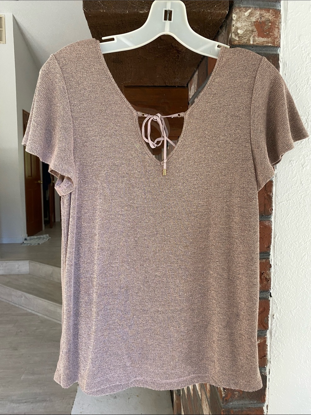 PAIGE Taupe Knit Flutter Sleeve Top with V-Tie